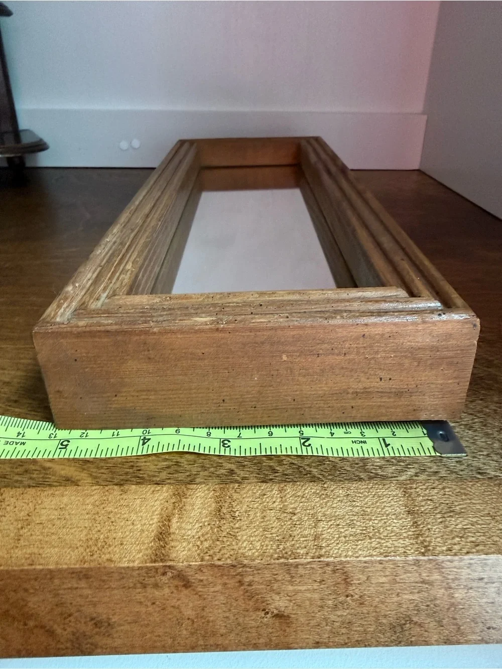 Vintage MCM Narrow Rectangular Accent Mirror, Brown Wood Frame